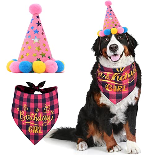 Kuoser Juego de Gorro y Bandana de Cumpleaños para Perra, Mascota Feliz Cumpleaños Bufanda Triangular de Algodón para Perros Medianos y Grandes, Decoración de Fiesta de Cumpleaños para Cachorros(Rosa) Cover