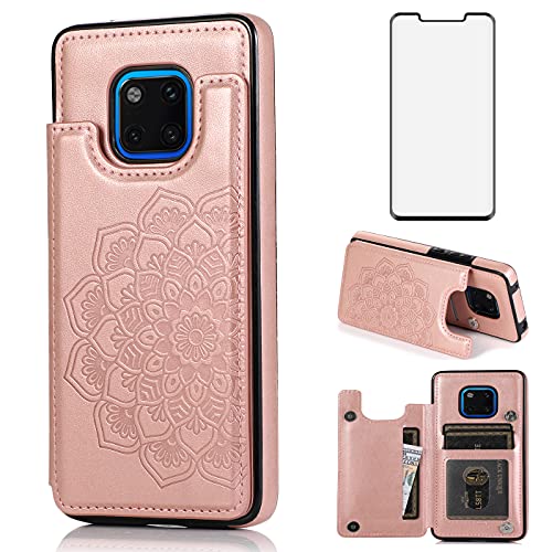 Asuwish Compatible with Huawei Mate 20 Pro Case and Tempered Glass Screen Protector Card Holder Slot Kickstand Hybrid Protective Flip Wallet Phone Covers for Hawaii Mate20Pro Mate20 20Pro Rose Gold