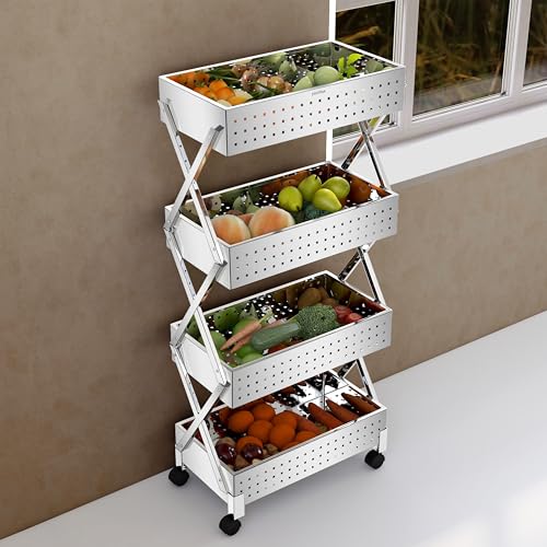Image of Plantex 4-Tier Multipurpose Storage Trolley with Wheels /Rotating Kitchen Vegetable Rack /Stainless Steel Space Saving Organizer Basket Stand /Heavy Duty Rolling Utility Cart-(Chrome)