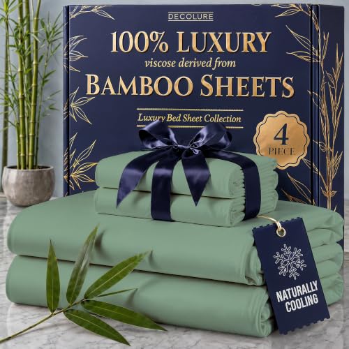 Image of DECOLURE 100% Viscose Derived from Bamboo Sheets Full Size - Luxury 4 Pc Naturally Cooling Sheets, Ultra Soft Bed Set - Deep 17 inch Pockets, Durable Double Stitching, Oeko Tex Standard (Sage Green)