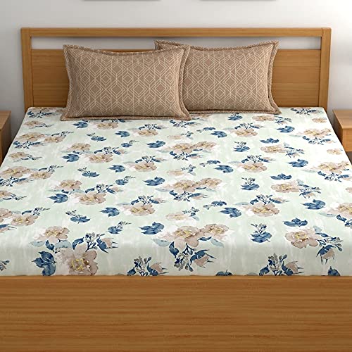 Image of Dreamscape 100% Cotton Bedsheet for King Bed, 186 TC, 1 Bed Sheet (Size 87 x 108 inches) with 2 Pillow Covers - Blue