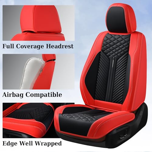 Image of Coverado Front Seat Covers, 2 Pack Waterproof Seat Covers for Cars, Luxury Leather Seat Cushions, Front and Rear Seat Protectors, Auto Seat Covers Fit for Most Vehicles(Black&Red)