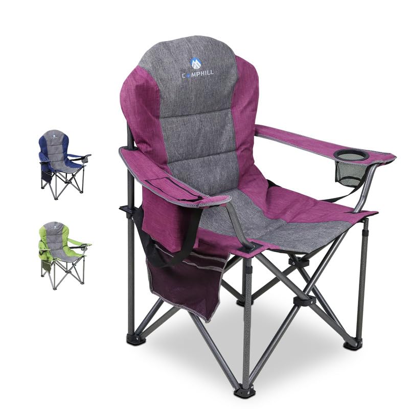 Oversized Portable Camping Chair, Full Padded Outdoor Folding Chair Support 350 LBS, Heavy Duty Lawn Chair with Cup Holder, Cooler Bag, Lumbar Support, Head Pocket for Adult (Purple)