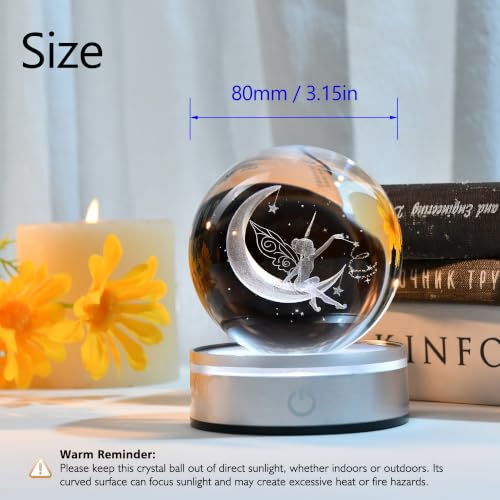 Image of IFOLAINA Moon Fairy Crystal Ball 3D Laser Engraved Fairy Glass Ball Fairy Night Light Decorative Globes 3D Crystal Moon Sphere Fairy Gifts for Girl Her Fairy Lover