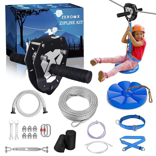 ZEROMX 75ft/100ft/120ft/150ft Zip Line Kit for Kids and Adults Up to 380lb – Upgraded Removable Lion Trolley, 6.5ft Spring Brake, Tree Protectors, Safety Harness & Seat – Zipline Kits for Backyard