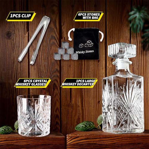 Whiskey Dekanter Set für Männer mit 6 Whiskey Gläsern, 6 kühlenden Whisky Steinen und 1 Clip Bleifreies Whiskey Dekanter Glas Likör… – Ansicht 5