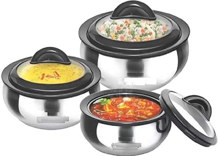 P. N. STORE Steel Casserole - 1500ml, Pack of 3, Silver