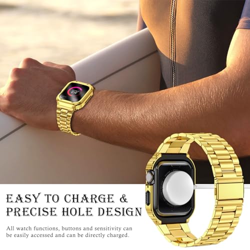 Image of MioHHR Stainless Steel Band and Case Compatible with Apple Watch Bands 46mm | Men Metal Protective Bumper Cover with Straps for iWatch 46mm Series 11 /10, Gold