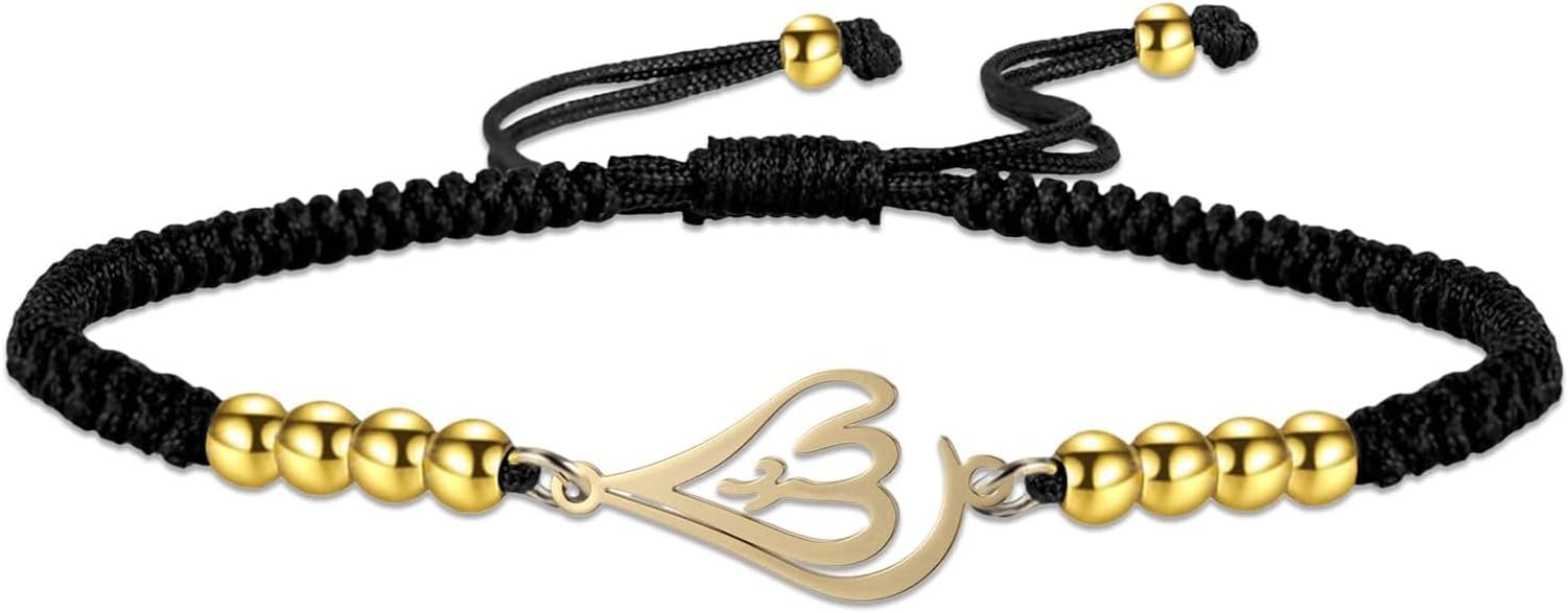 GYFGRTQ Islamic Adjustable String Bracelet for Muslim Women Men Handmade God Allah Charm Notched Arabic Calligraphy Jewelry Eid Ramadan Gift, Gold-Black String
