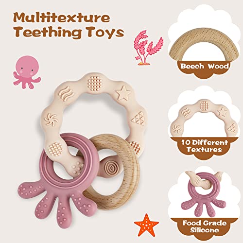 Vicloon Teething Toys for Baby, Silicone and Wood Teether, Baby Teether Toys Teether Chew Toy, Easy to Hold and Clean Up, Octopus Teething Toy Silicone chewlery for Boys&Girls (Beige) - Image 4