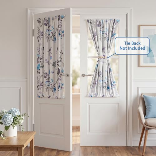 Image of MYSKY HOME Floral French Door Curtains 40 inch Long Set of 2 Blackout Privacy Sidelight Door Window Drapes with Rod Pocket, Blue, 24 inch W Each Panel