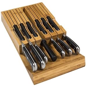 In-Drawer Bamboo Knife Block Holds 12 Knives (Not Included) Without Pointing Up PLUS a Slot for your Knife Sharpener! Noble home & chef Knife Organizer Made from Quality Moso Bamboo