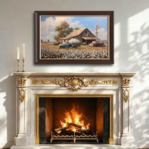 Image of Vintage Framed Cotton Field Canvas Wall Art, Old Farm Trucks with Windmill Canvas Prints Pictures, Southern Farmhouse Wall Decor for Living Room Bedroom Farmhouse