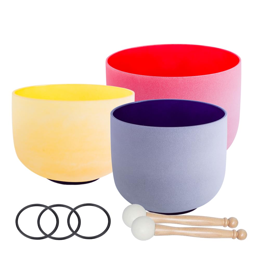 ENERGYSOUND Colored Frosted Chakra set of 3 PCS 12" C, 10" E 7" A Quartz Crystal Singing Bowls mallet and o-ring included
