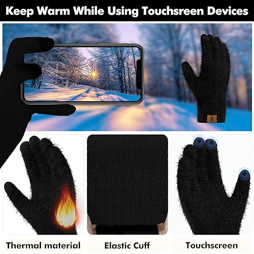 Winter Knit Hat Beanie Scarf for Women with Touch Screen Gloves Set Skull Caps Pompom Hat Neck Scarves for Men3
