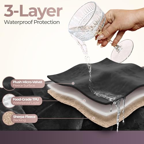 VIP Waterproof Blanket for Bed – Leak & Stain Proof Splash Throw – Fuzzy Cuddle Dry Towel, Pad, Couch Cover – Queen & Twin Size – Washable – Black Waterproof Mattress Protector -50x80 in