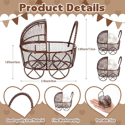 Image of Threehoney 24 Pcs Baby Shower Mini Carriage Decoration Brown Highland Cow Color Metal Wired Fillable Candy Stroller Baby Shower Table Centerpiece for Guest Gender Reveal Wedding Party Favor Gift