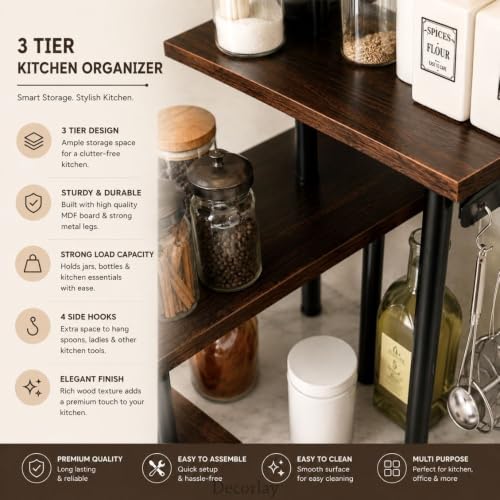 Image of Decorlay 3 Tier Corner Shelf Organizer Rack, Engineered Wood Kitchen Storage Stand for Spice Jars, Oil Bottles, Staircase Rack