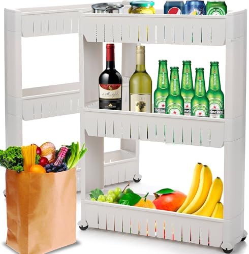 Aktual Carrello Organizer Stretto 3 Ripiani Con Ruote Girevoli – 40x13x60 Cm – Perfetto Per Cucina, Bagno, Ufficio E Garage