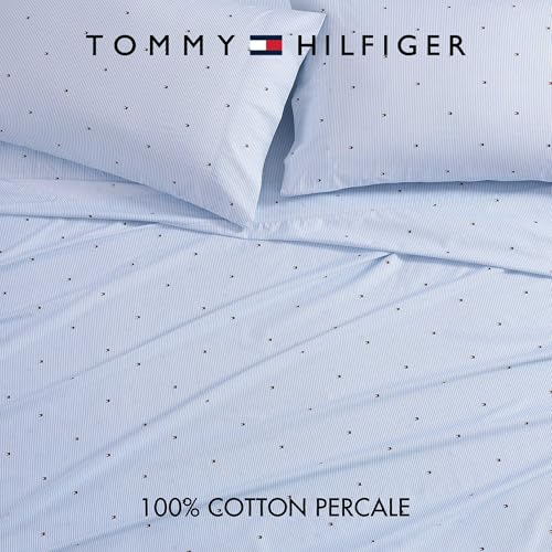 Image of Tommy Hilfiger - King Size Sheet Set, Soft Cotton Percale Bedding with Crisp Cooling Comfort, Deep Pocket Fitted Sheet with Matching Pillowcases, Americana Decor (Ithaca Flag Stripe Blue)