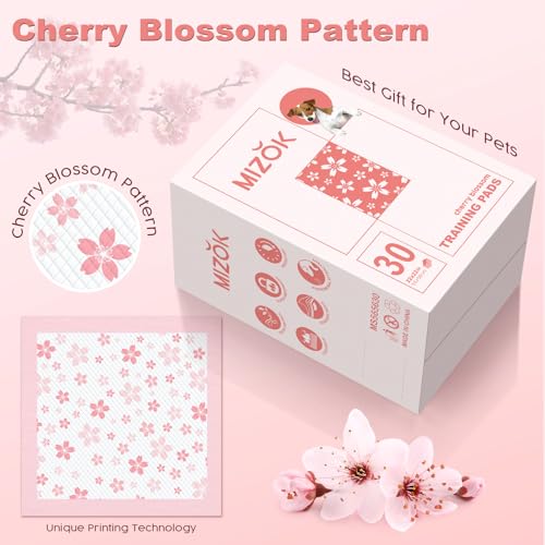 Image of MIZOK Puppy Pads Pink 22x22in, Stay-Put Training Mats with Pheromone Attractant, Decorative Cherry Blossom 6-Layer Absorbent Dog Pee Pads, Disposable (30 Count)