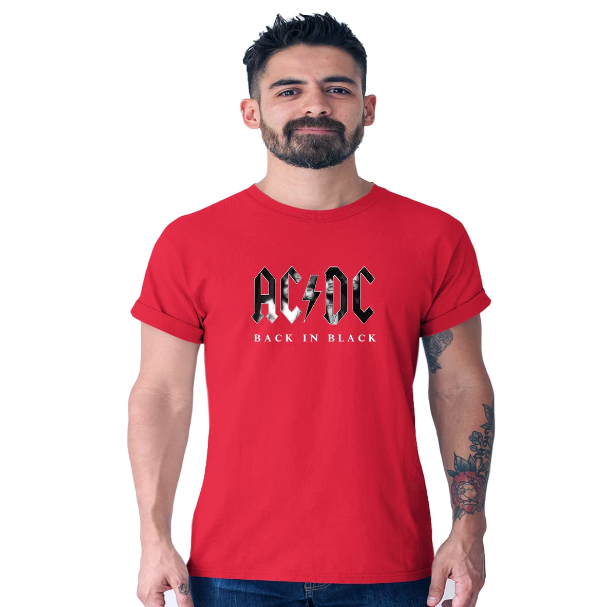 SPECIALTEES Men's Casual Regular Fit AC DC Back in Black Metal Rock Band Black Half Sleeve Round Neck Cotton T-Shirt (XXXXX-Large, RED)