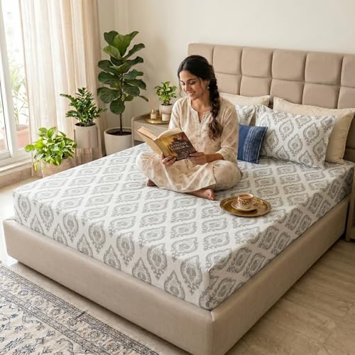 Image of Mafatlal 186 TC Grace Pure Cotton Double Size Bedsheet | 90 x 100 Inch | Soft Breathable Cotton Bed Sheet Set with 2 Pillow Covers | Pearl Grey
