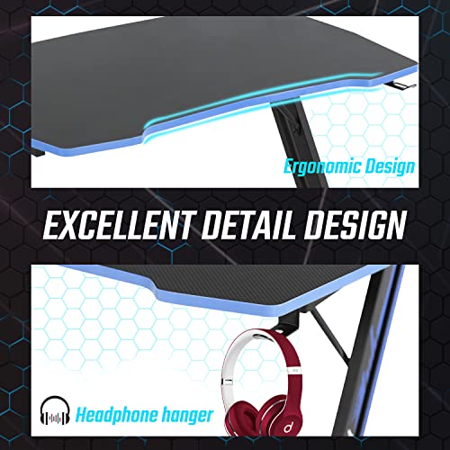 Image of BestOffice Gmaing Desk Z Shaped 39.4in Computer Gaming Workstation Ergonomic Gaming Table with Headphone Hook for Game Players, Blue