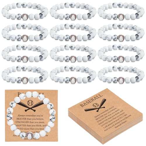 Ecation 12 Sets Sport Bracelets Team Gift Lave Stone Black White Beaded Bracelet with Inspirational Card for Football Volleyball Golf Baseball Basketball Soccer Softball Party Favor(White,Baseball)