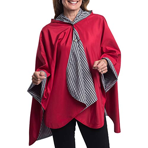 RainCaper Rain Poncho for Women - Reversible Rainproof Hooded Cape in Gorgeous Ultrasoft Colors (Crimson and B&W Houndstooth)