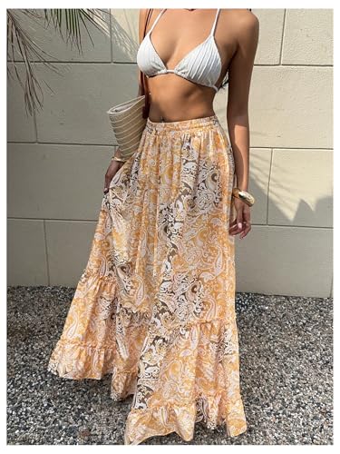 Milumia Women's Boho Paisley Tiered Layered Maxi Skirt Low Waist Flared Ruffle Hem Flowy Long Skirts2