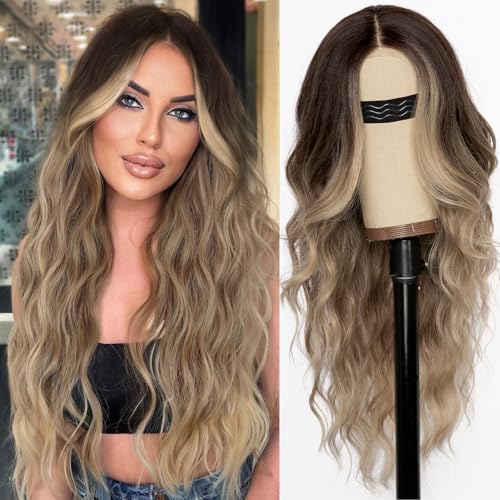 Image of AISI HAIR Ombre Dirty Blonde Wig for Women, Long Wavy Lace Hairline Middle Part Synthetic Wig for Daily Party-26 Inch