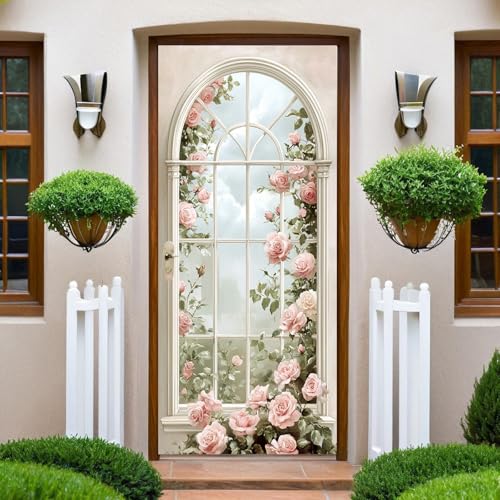 Rose Autocollant Porte Rose Stickers de Porte 73x204 cm PVC Auto-Adhésif Imperméable Trompe L'oeil Papier Peint Muraux pour Cuisine Chambre Salle de Bain...