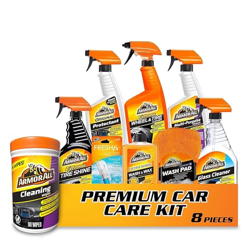Armor All Premier Car Care Kit, Includes Car Wax & Wash Kit, Glass Cleaner, Car Air Freshener, Tire & Wheel Cleaner + Armor All Car Cleaning Wipes for Interior and Exterior, 90 Wipes Each