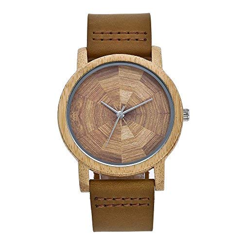 Reloj de Madera de bambú para Hombre, Cuarzo japonés y con la Correa de Cuero Genuino (Brown 9)