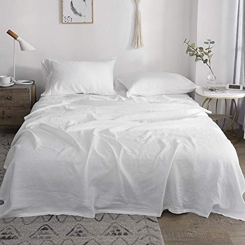 Simple&Opulence Pure Washed Linen Sheets Queen Size-4 Piece European Flax Linen Bed Sheet (1 Flat Sheet,1 Fitted Sheet,2 Pillowcases) -Breathable Soft Hemstitched Linen Bedding-White
