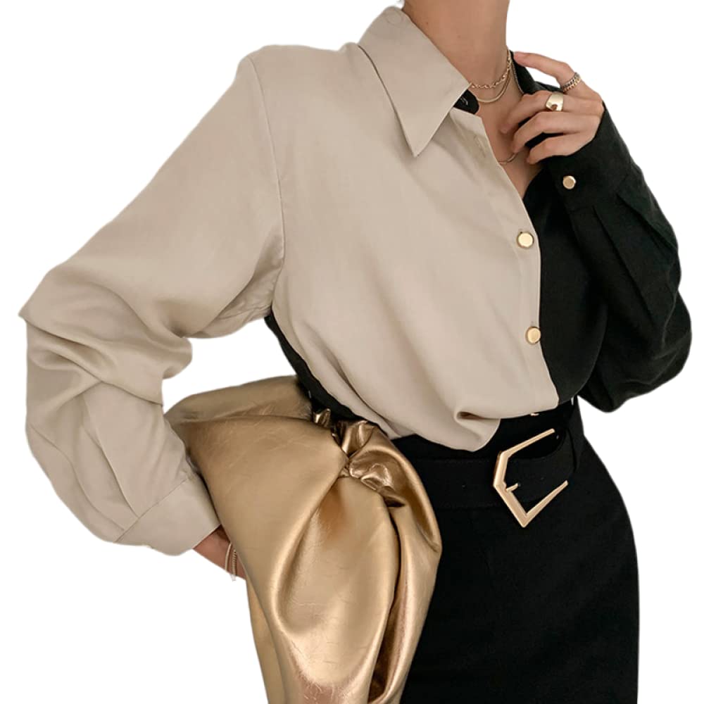 Damen-Hemd Mit Knopfleiste,Damen Satinbluse Hemd Naht Langarm Vintage Mode Seidenhemden Business Hemd Mit Knopf Sexy Party Tops Lässige Arbeit Bürobluse Für Mädchen Damen