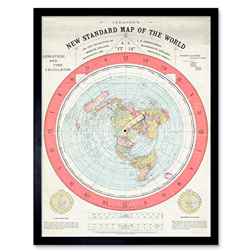 Artery8 Map Gleason 1892 World Time Calculator Flat Earth Art Print Framed Poster Wall Decor 12x16 inch