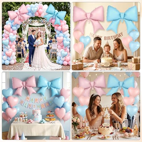 Image of 12 Pcs 18 Inch Heart Balloons and 38 Inch Bow Balloons, Large Foil Bow Heart Balloon Bow Party Decorations for Birthday Baby Shower Valentines Wedding Party