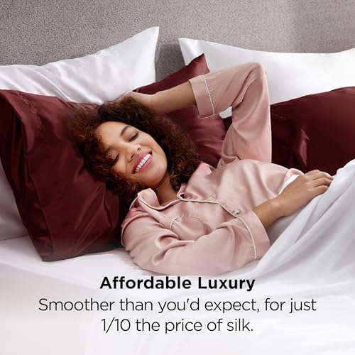 Image of Bedsure King Size Satin Pillowcase Set of 2 - Valentine Pillow Cases for Hair and Skin with Envelope Closure, Similar to Silk Pillow Cases, Gifts for Women Men, Burgundy, 20x36 Inches, 2pcs
