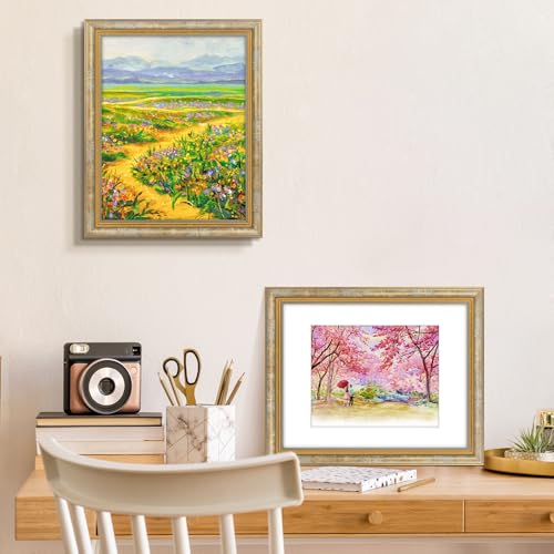 Image of Golden State Art,11x14 Ornate Picture Frame Holds 8x10 Photo,Vintage Gold | Includes real glass front,white mat,build-in hangers and buttons.Displays 8x10 photo on wall