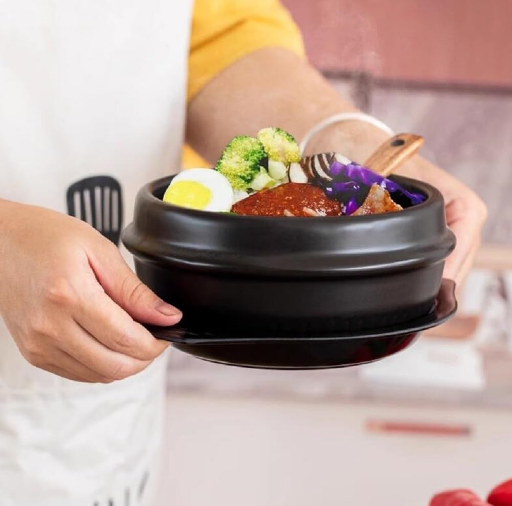Cuenco De Piedra Coreano para Cocinar Bibimbap, Apta para Altas Temperaturas con Bandeja, Cerámica Bowl Olla De Piedra Antiadherente, para Bibimbap Sopa, Negro,800ML