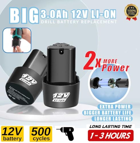 Image of Replacement Battery for 12V Drill /Screwdriver Machine with 12V Charger Adapter (2Pcs Battery, 1Pcs Charger)