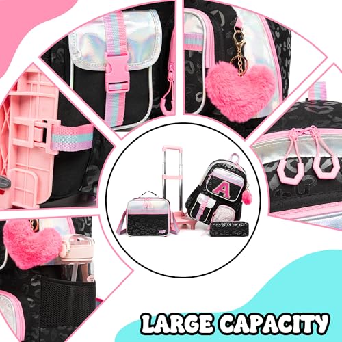 Image of Meetbelify Backpack with Wheels for Girls Black Rolling Letter Backpack Cute Carry on Backpack Kids Luggage with Lunch Box Pencil Case for Elementary Student