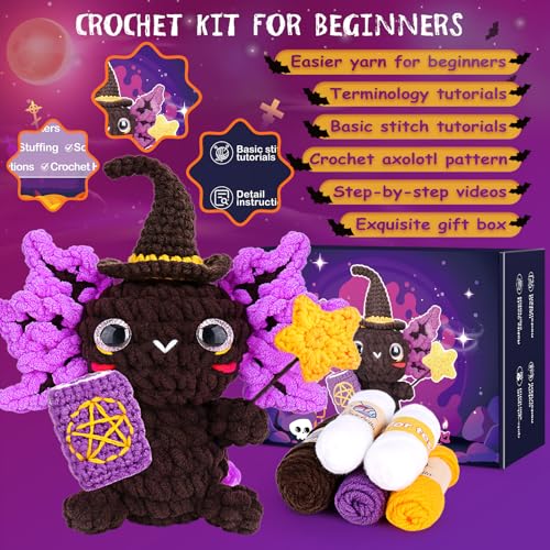 Image of Crochetta Crochet Kit for Beginners, Crochet Starter Kit w Step-by-Step Video Tutorials, Beginner Crochet Kit for Adults Kids Women Men Complete Kit Included (Axolotl Wizard)
