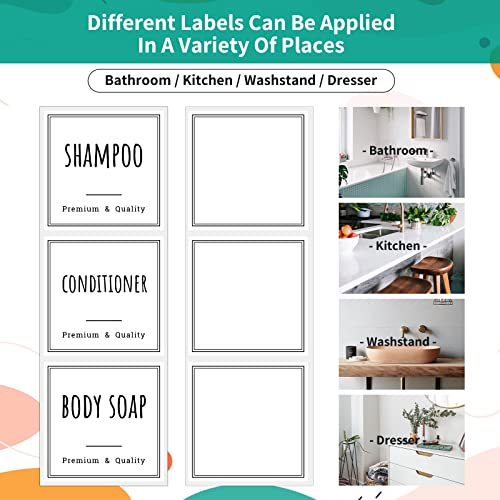 Image of Segbeauty Waterproof Labels for Bottles, 18pcs Shampoo Conditioner White Label Stickers, Removable Self-Adhesive Soap Dispenser Stickers for Bathroom Kitchen Washstand Dresser Plastic Glass Bottle