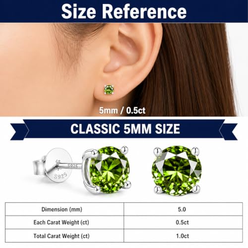 Lyniuoy August Birthstone Stud Earrings Peridot Olive Green Birthday Gifts With Gift Box 18K White Gold Plated 925 Sterling Silver Hypoallergenic Flat Back Stud For Sensitive Ear 5mm 0.5ct X2 — view 2