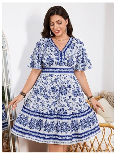 Image of Floerns Women's Plus Size Summer Vacation Wrap V Neck Short Sleeve Ruffle Hem A Line Hawaiian Short Dress