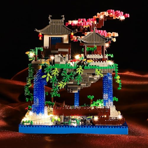 Image of SKY LINE OCEAN Cherry Blossom Bonsai Tree Building Set, 3200+ PCS Micro Mini Blocks, Japanese Sakura Tree | 2 LED | Lights Chinese Pond Architecture Model Kit, Ages 14+ | 5 Year Structural Warranty