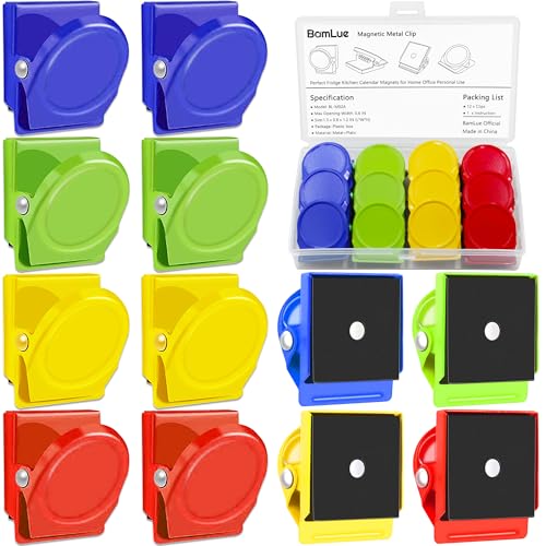 BamLue 12 Pieces Fridge Magnet Clips Plastic Box, Refrigerator Whiteboard Wall Fridge Memo Note Paper Clips, Color Heavy Duty Magnetic Clip for Photos, Pictures, Papers- Home & Office & Teaching